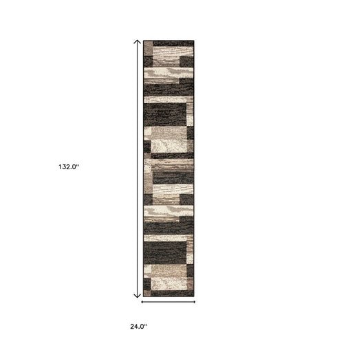 12' Black Brown And Beige Patchwork Runner Rug